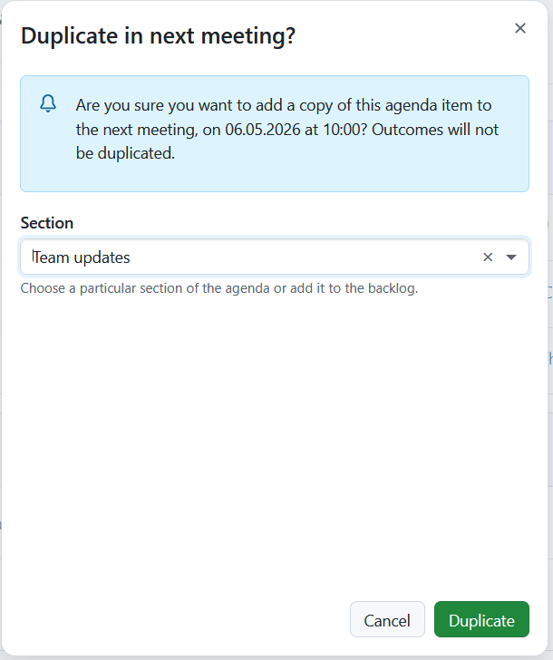 A confirmation dialogue for duplicating an agenda item into the the next meeting occurrence in OpenProject