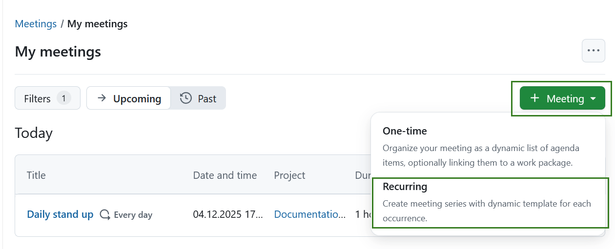 Un botón para crear reuniones recurrentes en OpenProject