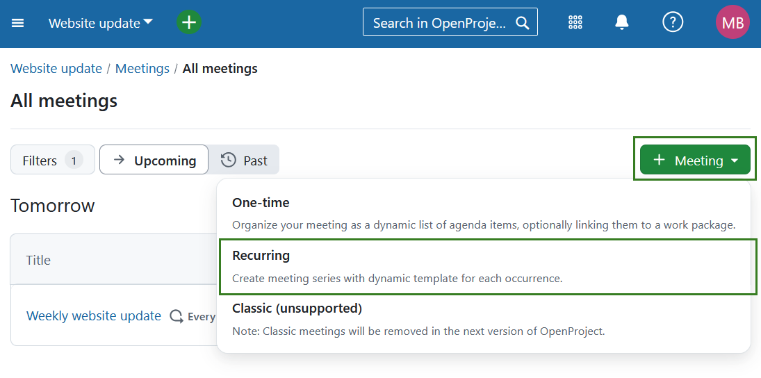 A button to create recurring meetings in OpenProject