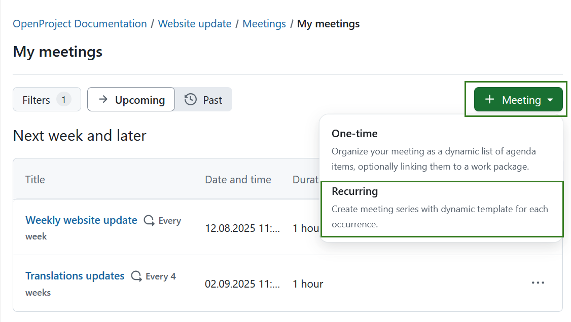 Un botón para crear reuniones recurrentes en OpenProject