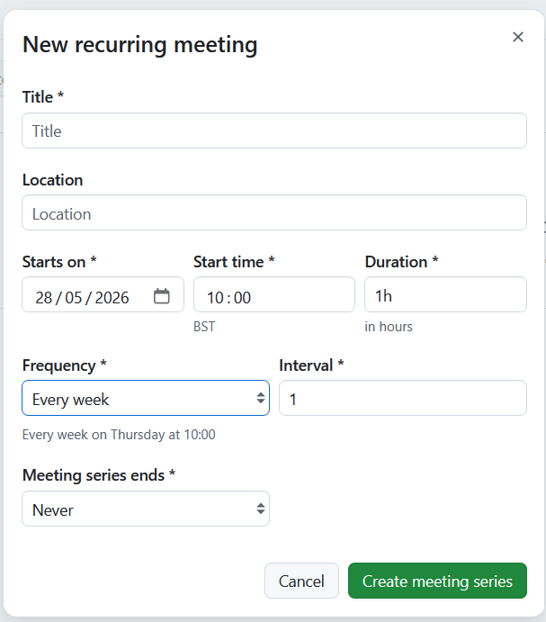 Formular zum Erstellen wiederkehrender Besprechungen in OpenProject