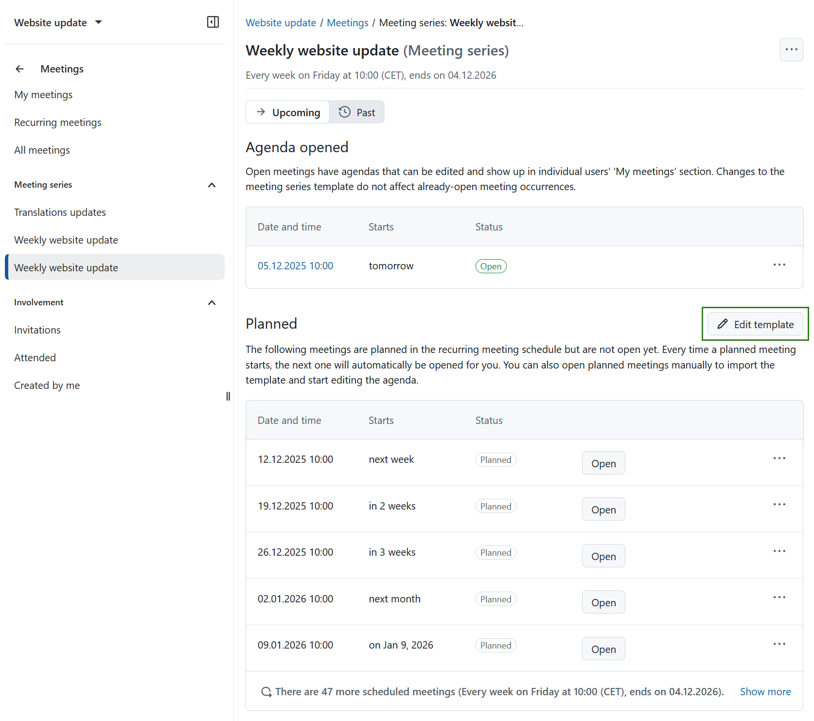 Botón de editar plantilla para reuniones periódicas en OpenProject