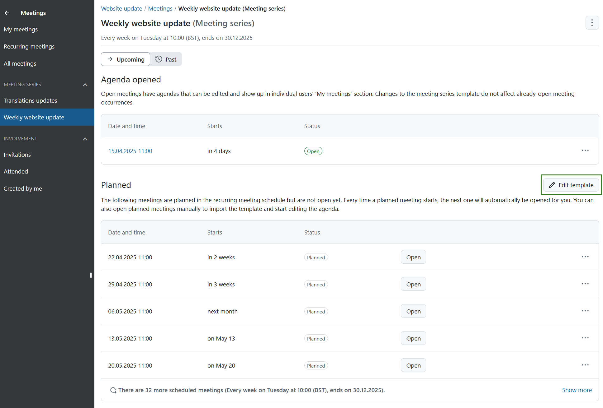 Edit template button for recurring meetings in OpenProject