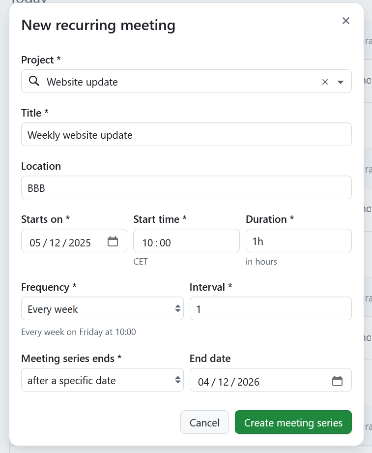 Formulario para crear reuniones periódicas en OpenProject