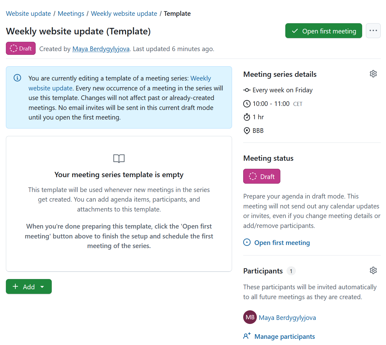 Plantilla de reunión para reuniones periódicas en OpenProject
