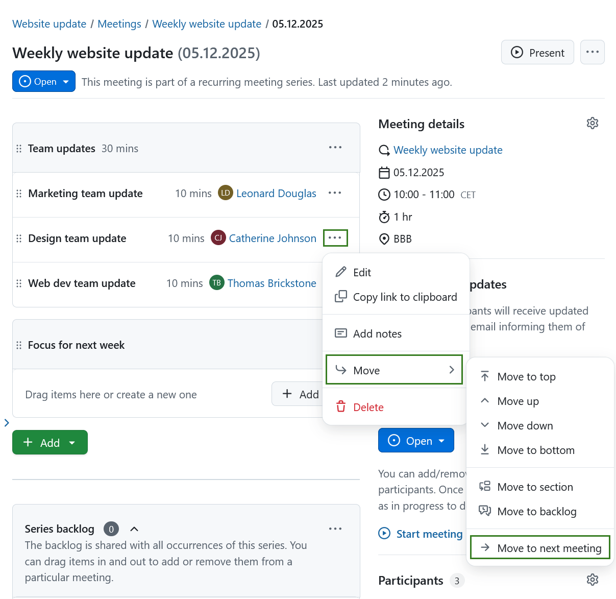 Move an agenda item to next meeting in OpenProject recurring meetings