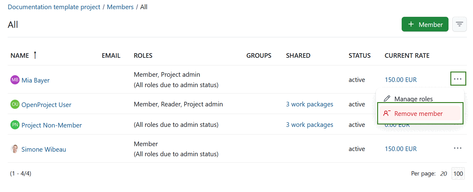 Eliminar miembros del proyecto en OpenProject