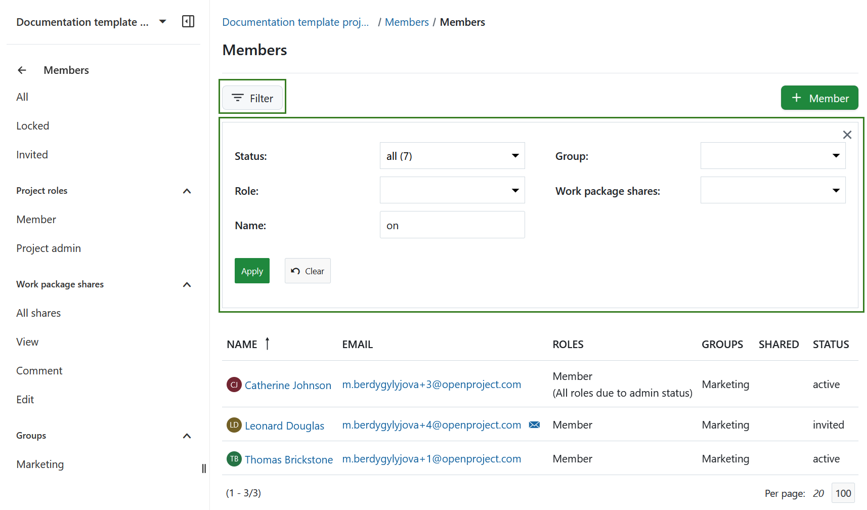 Filter project members in members module in OpenProject