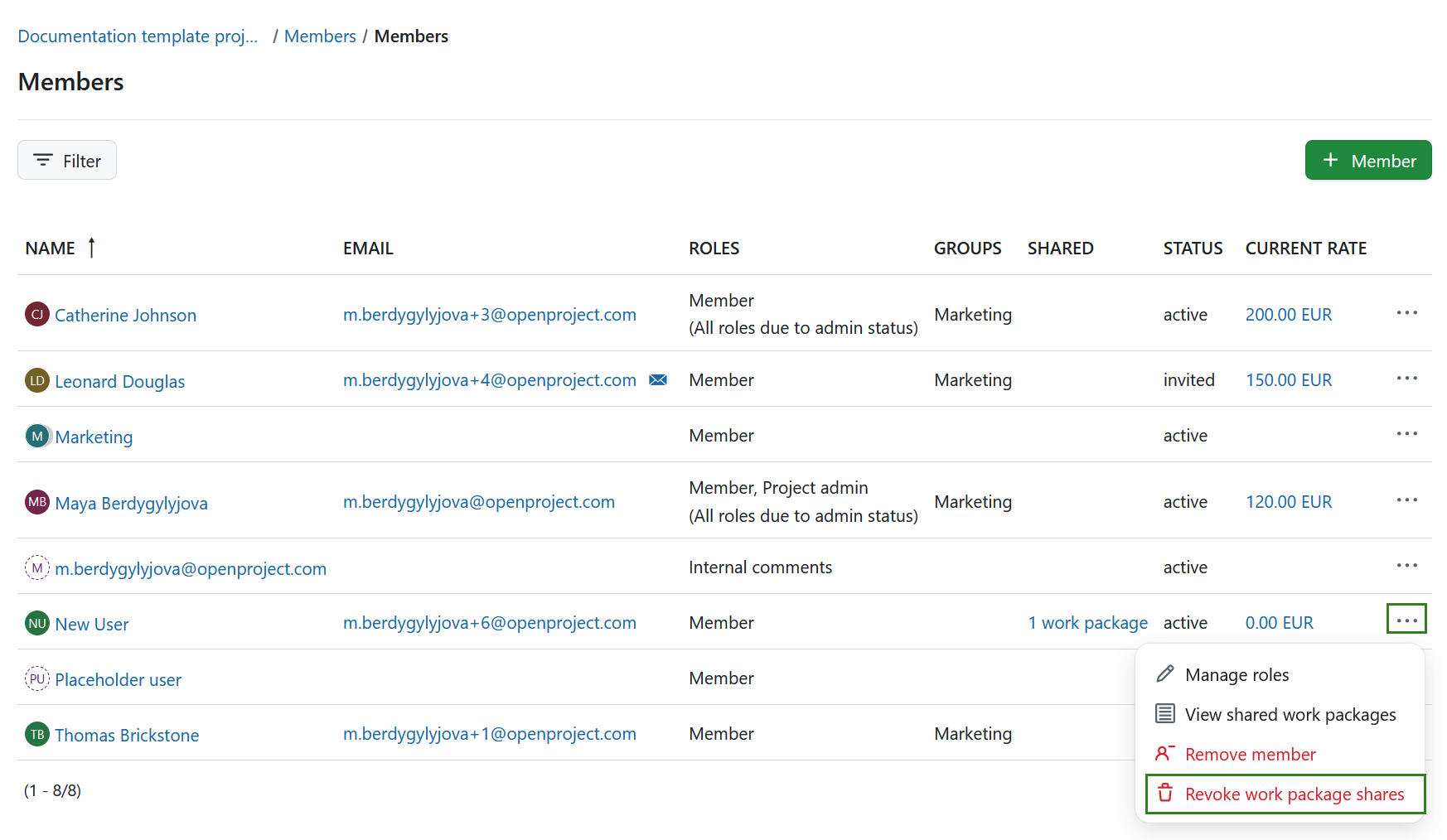 Eliminar privilegios de uso compartido en OpenProject