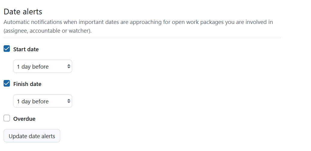 Uma captura de ecrã das opções para alertas de data