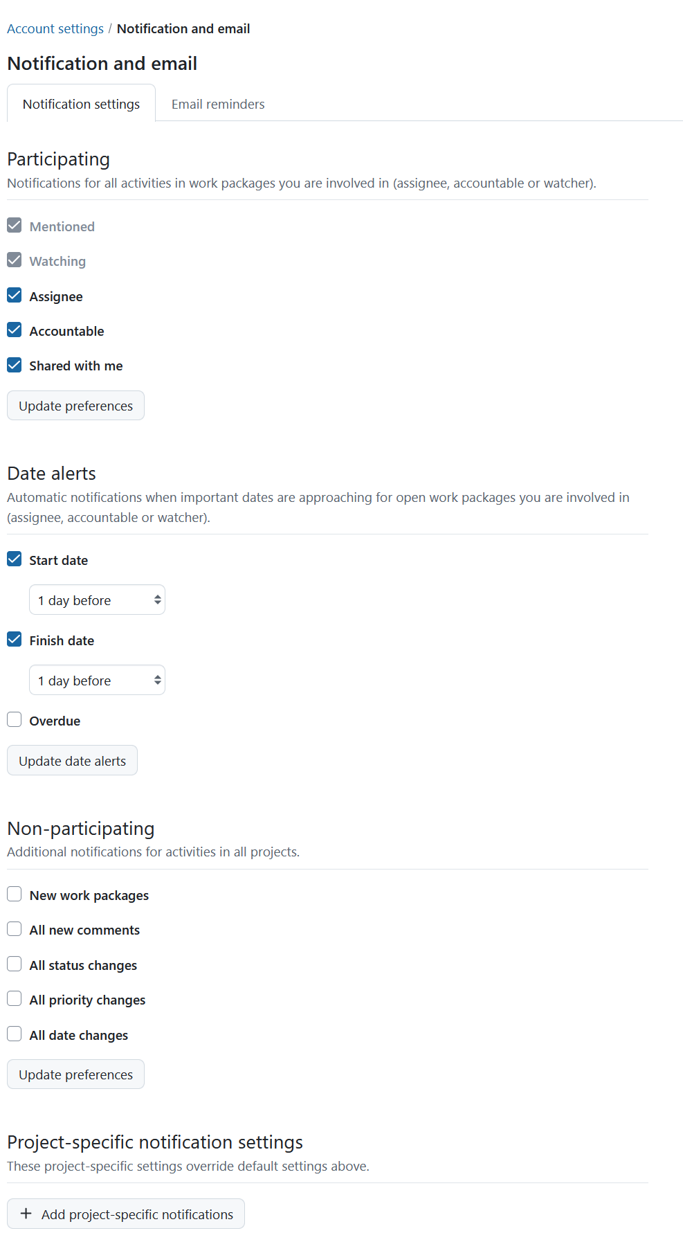Une capture d’écran de la page des paramètres de notifications