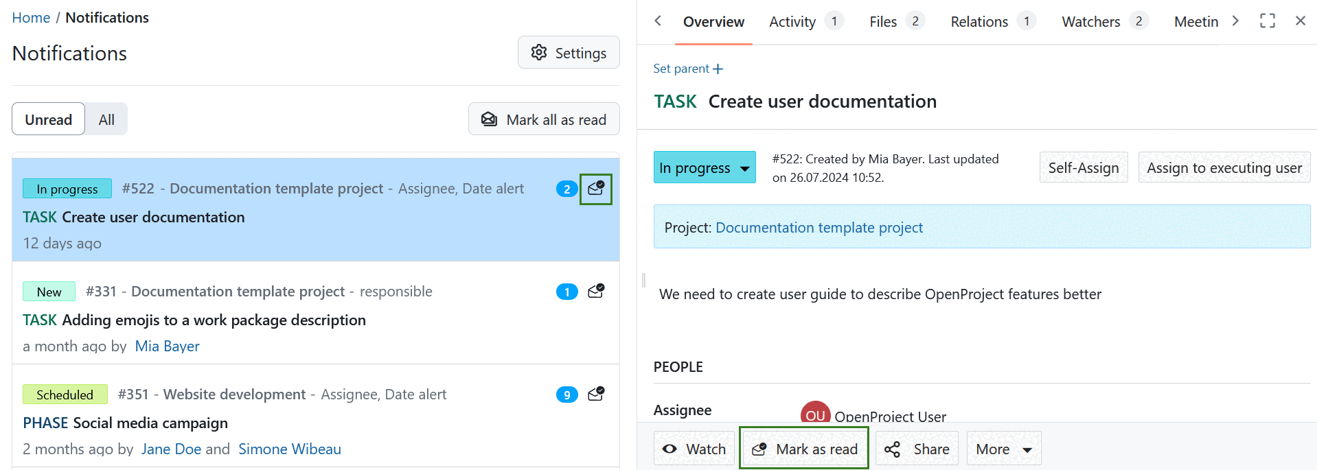 Marquer les notifications comme lues dans le centre de notifications OpenProject