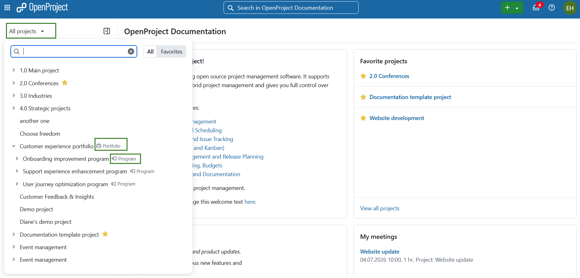 Select Portfolios from the All projects dropdown menu in OpenProject