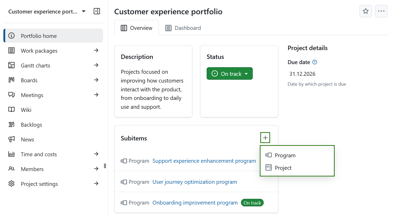 Options to add a program or a project in the Subitems widget on a portfolio home page in OpenProject