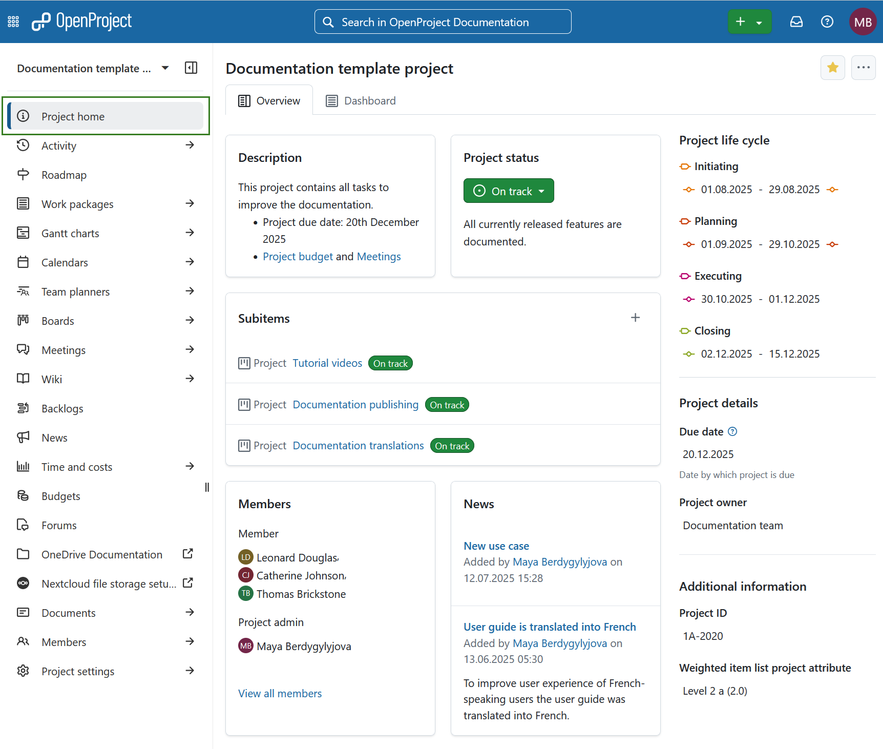 Project overview page for a specific project in OpenProject