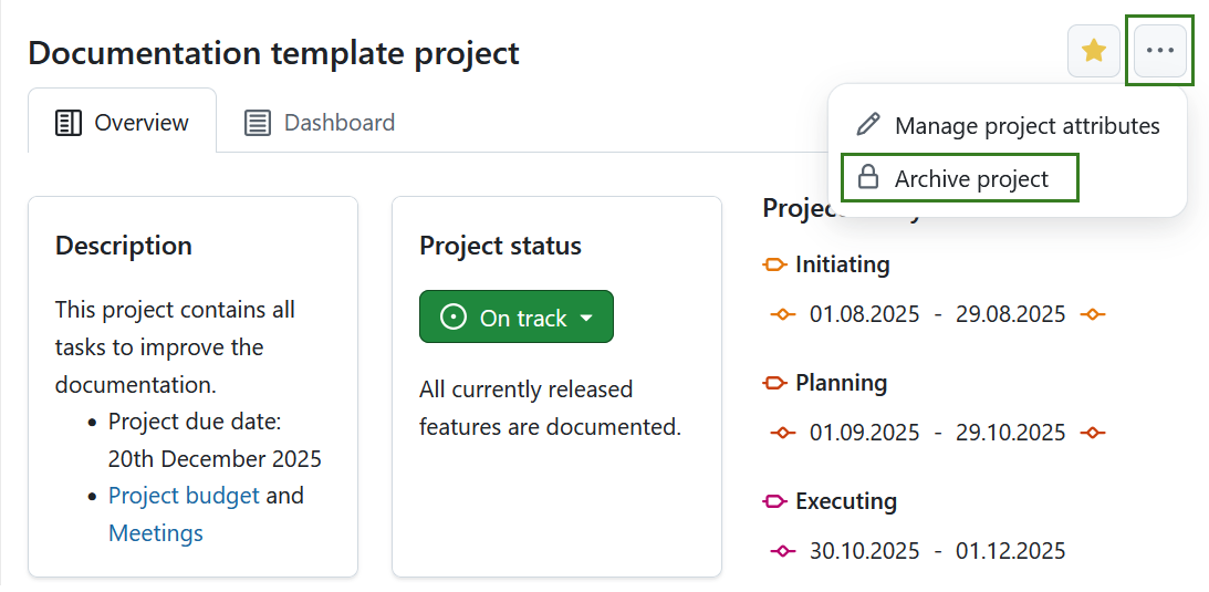 Archive a project on the project overview page in OpenProject