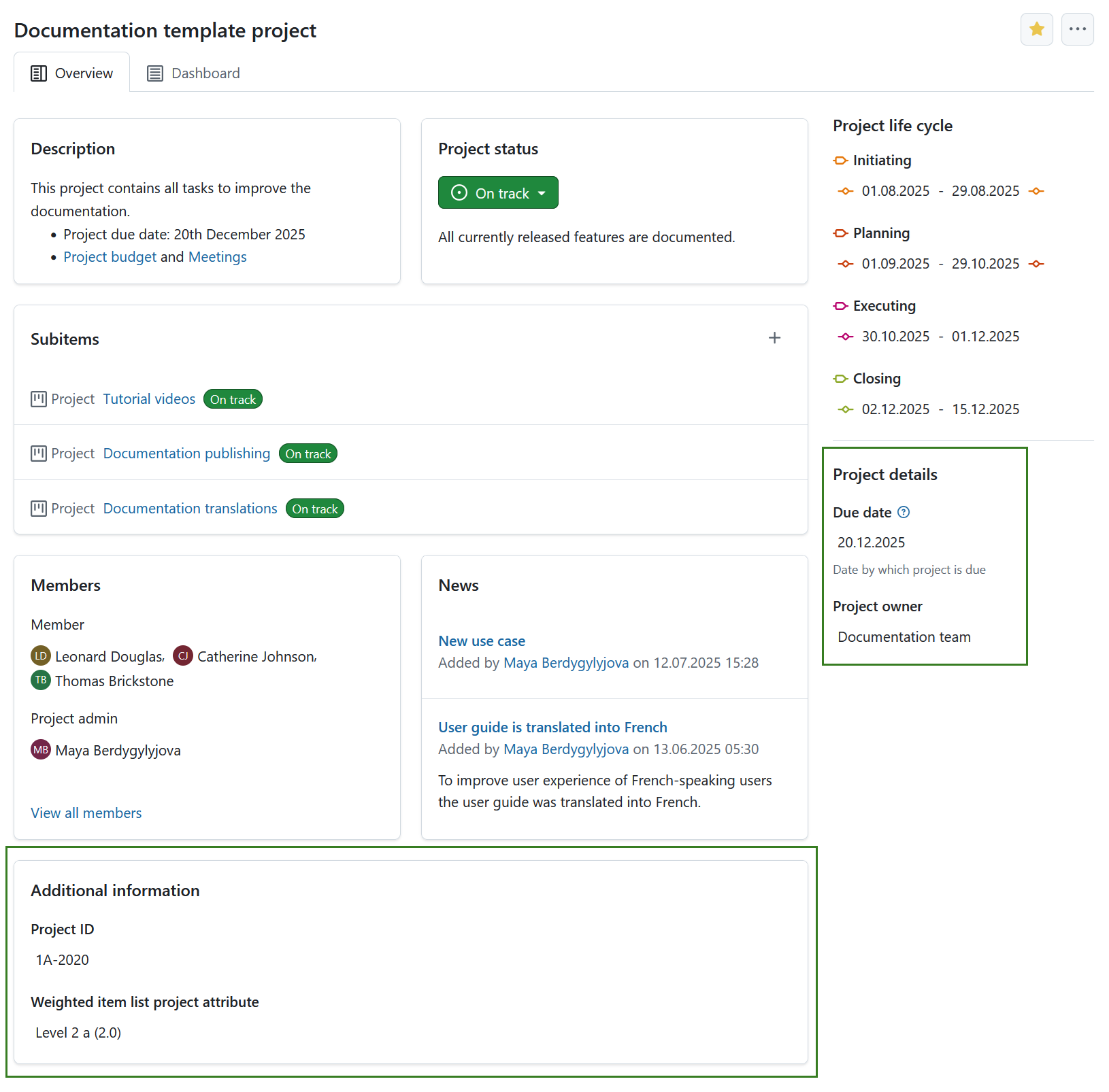 Project home page showing project attributes on the right side pane in OpenProject