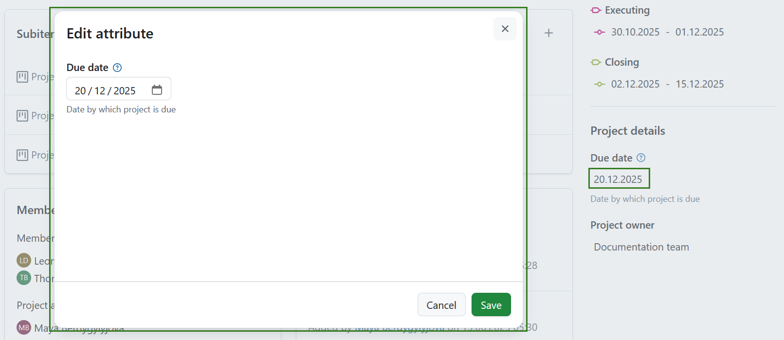 Abschnitt eines Projektattributs auf der Projektübersichtsseite bearbeiten
