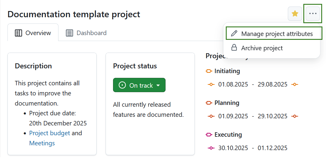 Link zu Projektattribut-Einstellungen von der Projektübersichtsseite in OpenProject