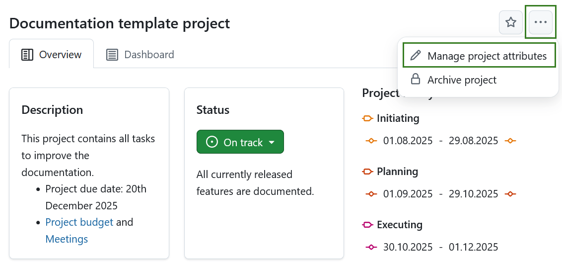 Enlace a la configuración de atributos del proyecto desde la página de resumen del proyecto en OpenProject