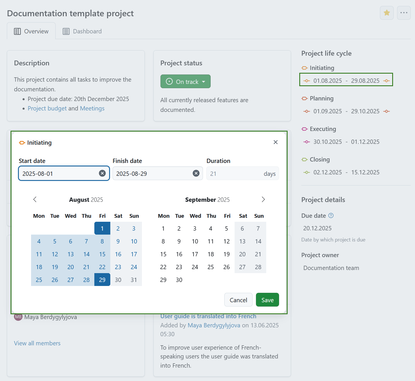 Edit date range for project phase on a project home page in OpenProject