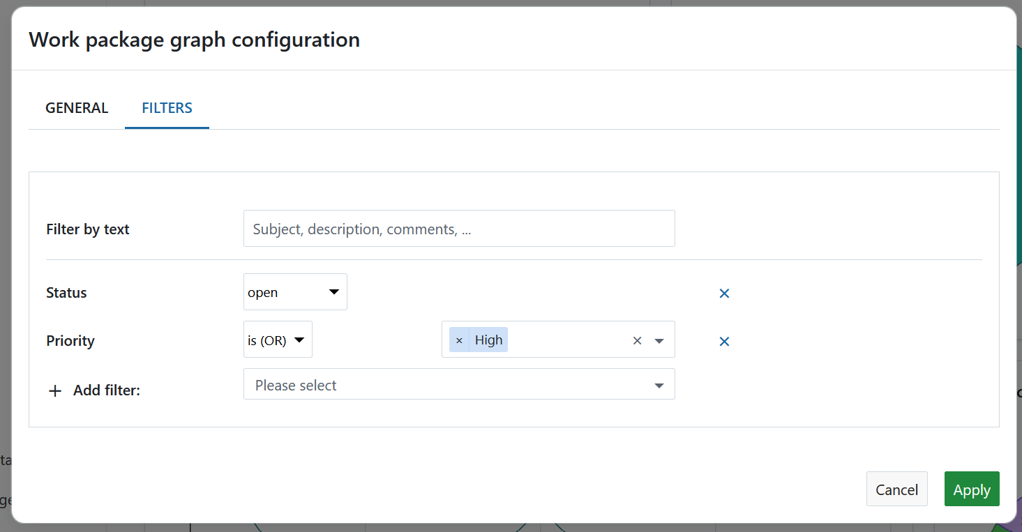 Configure filters for a work packages widget on a project home page in OpenProject