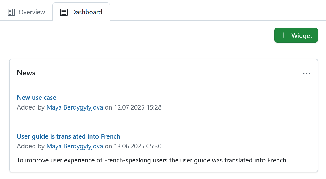 News widget displayed on a project home page in OpenProject