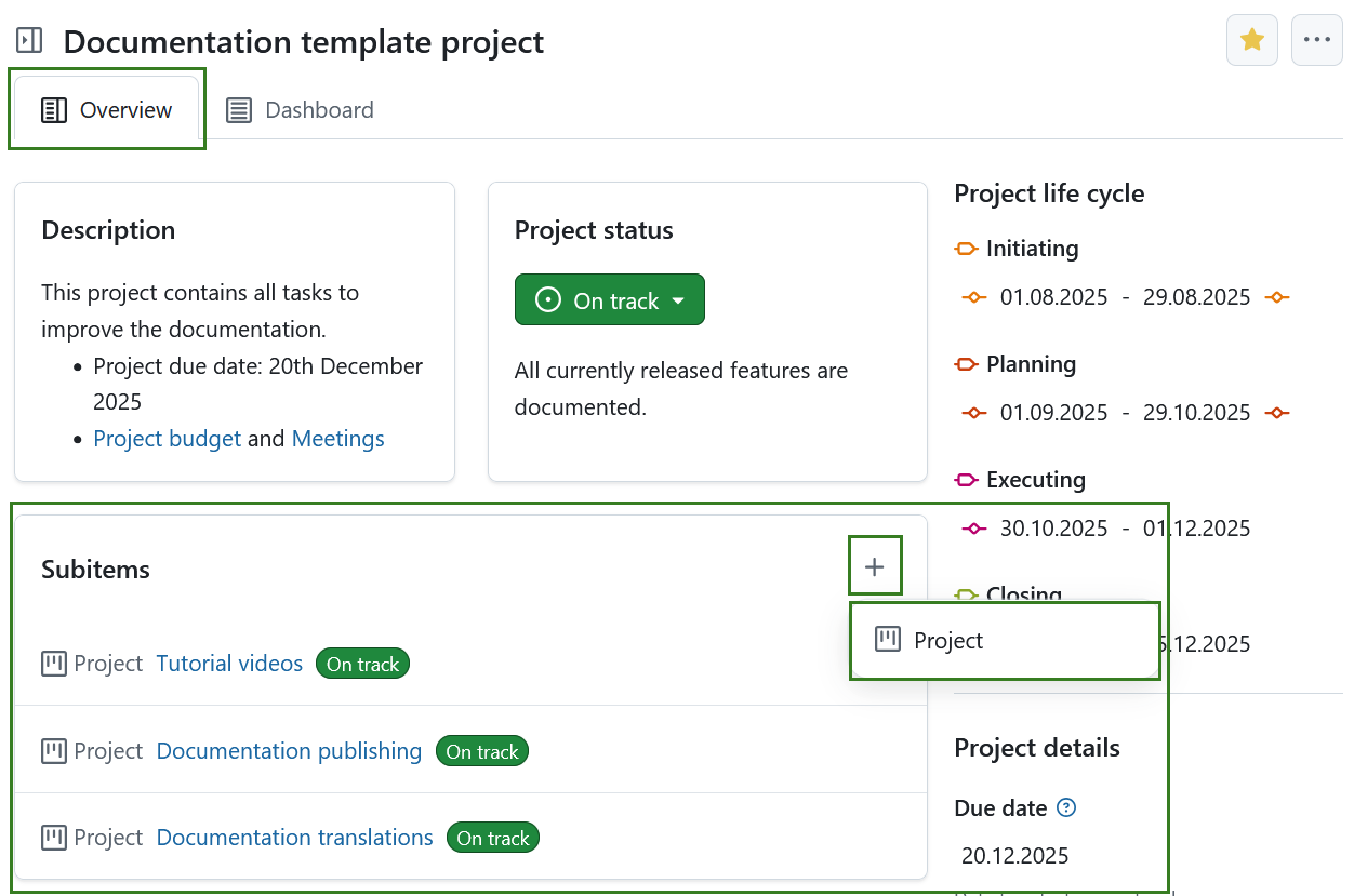 Subprojects widget displayed on a project home page in OpenProject