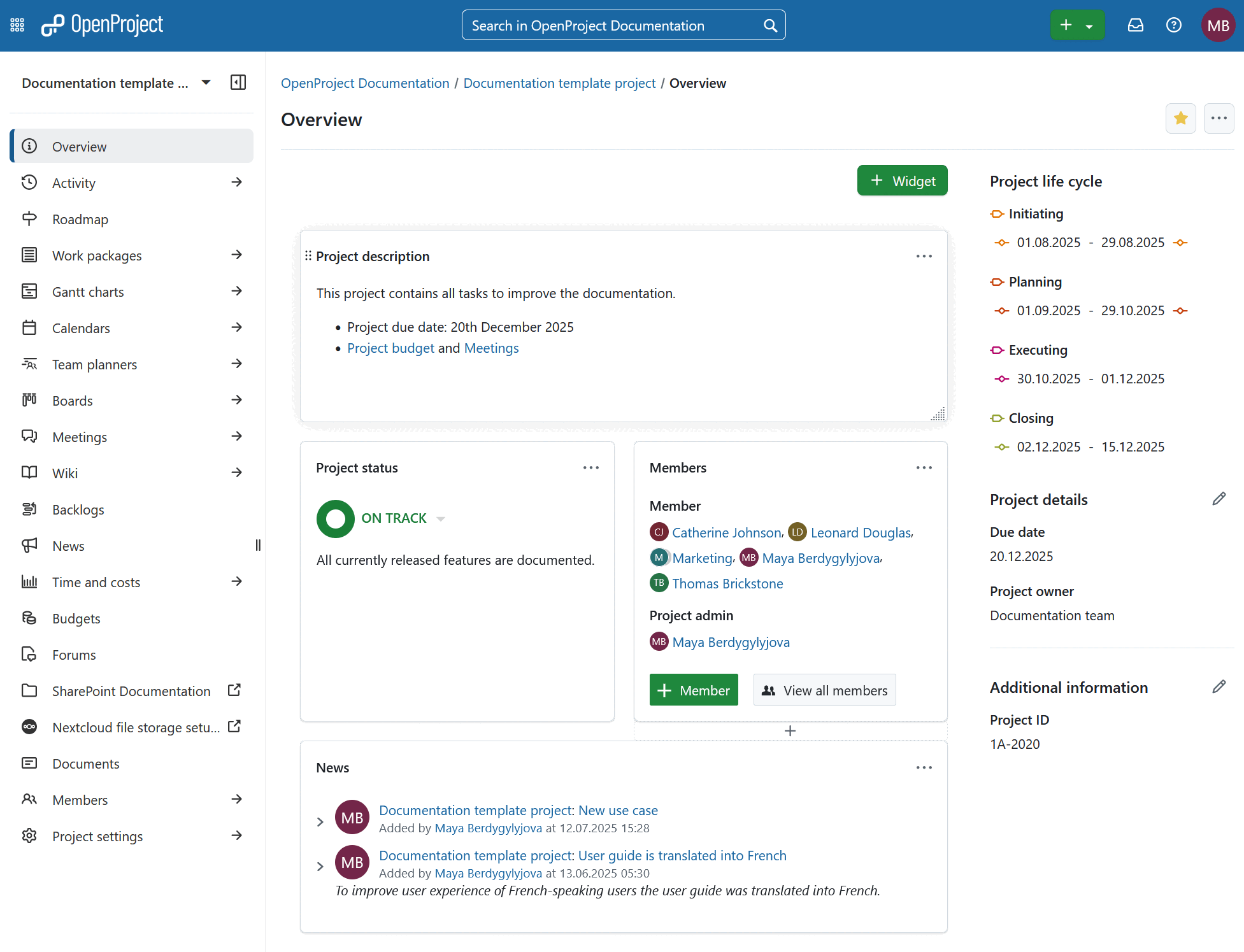 Page de présentation d’un projet spécifique dans OpenProject