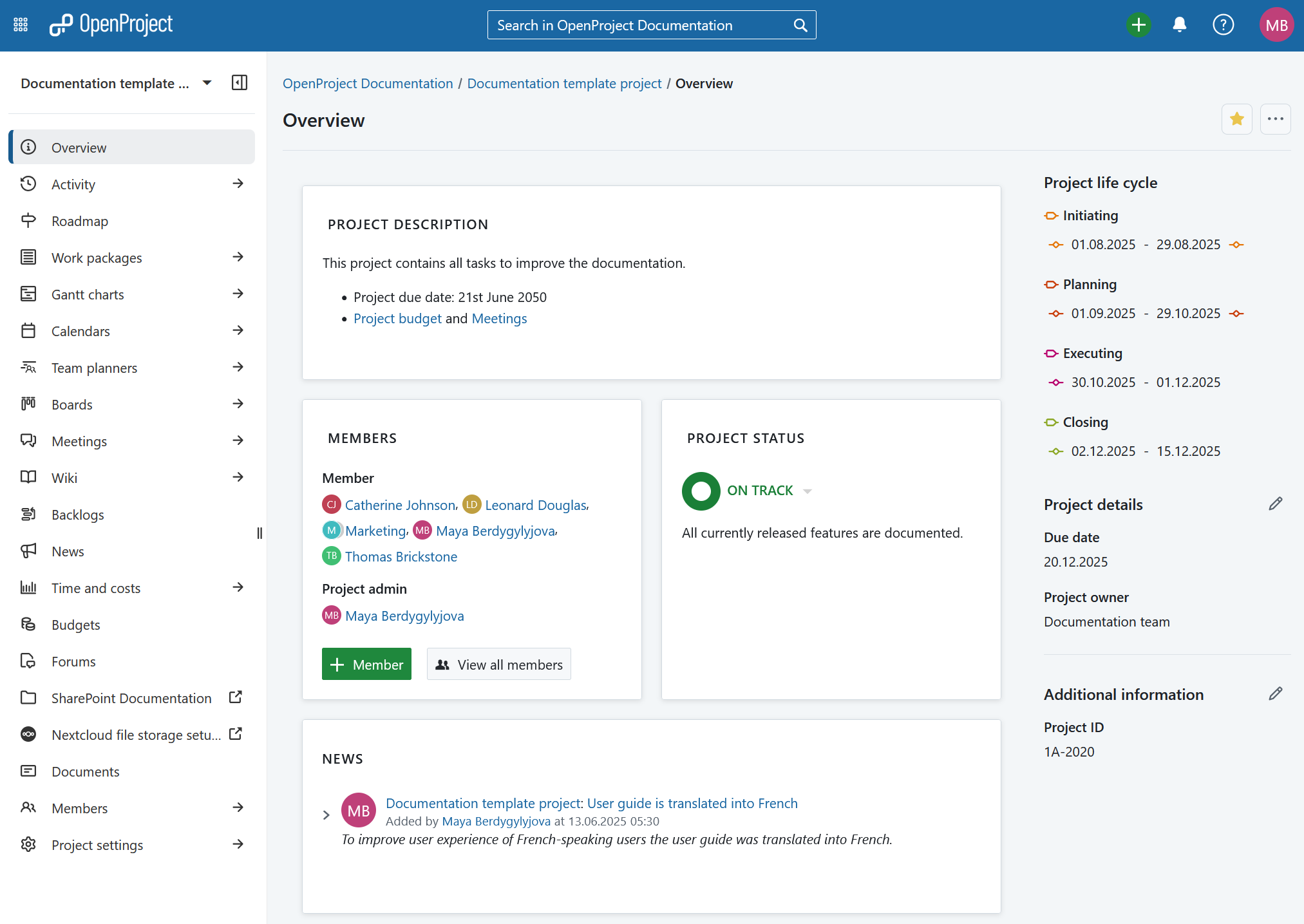 Project overview page for a specific project in OpenProject