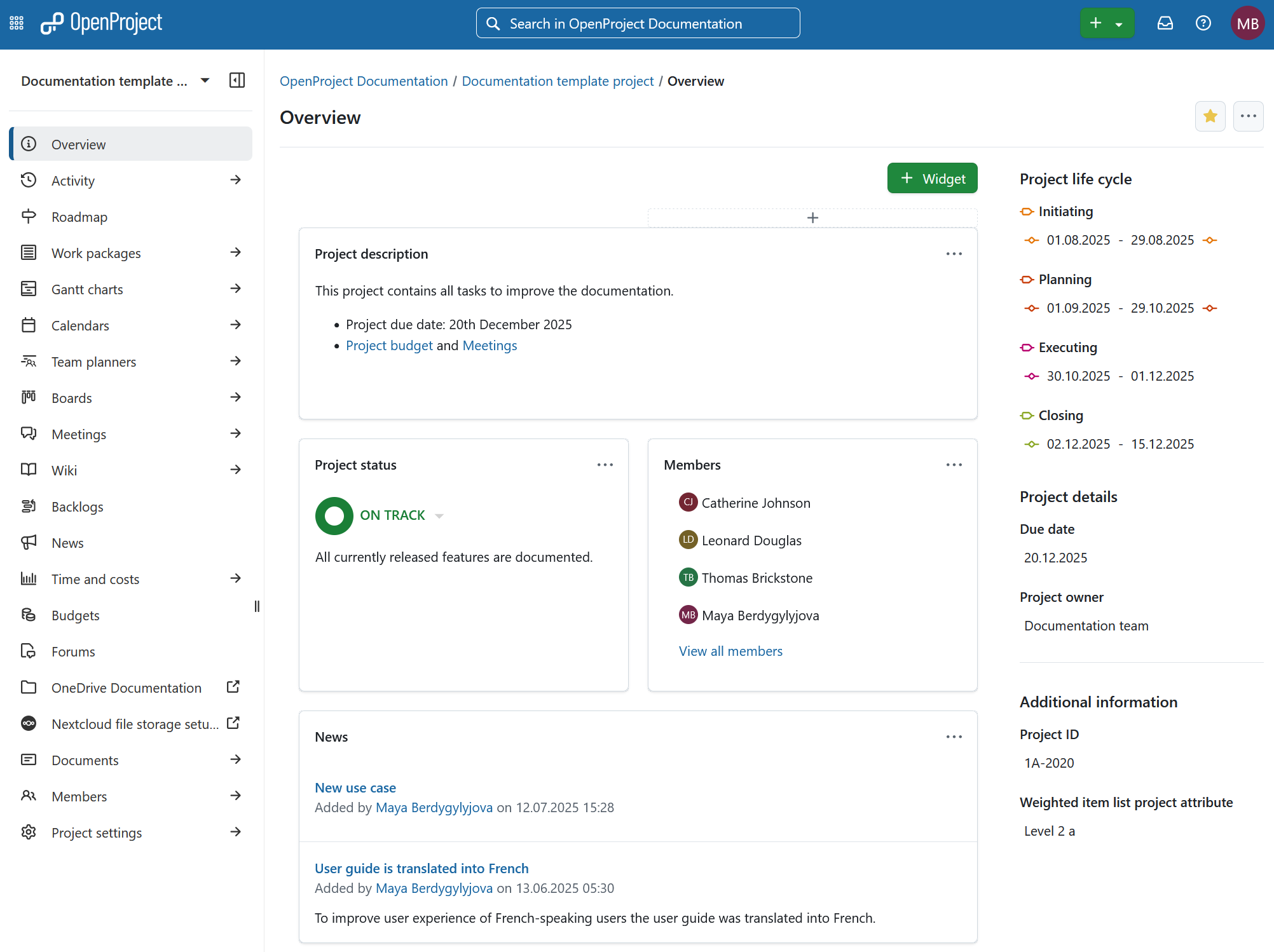 Projektübersichtsseite für ein einzelnes Projekt in OpenProject