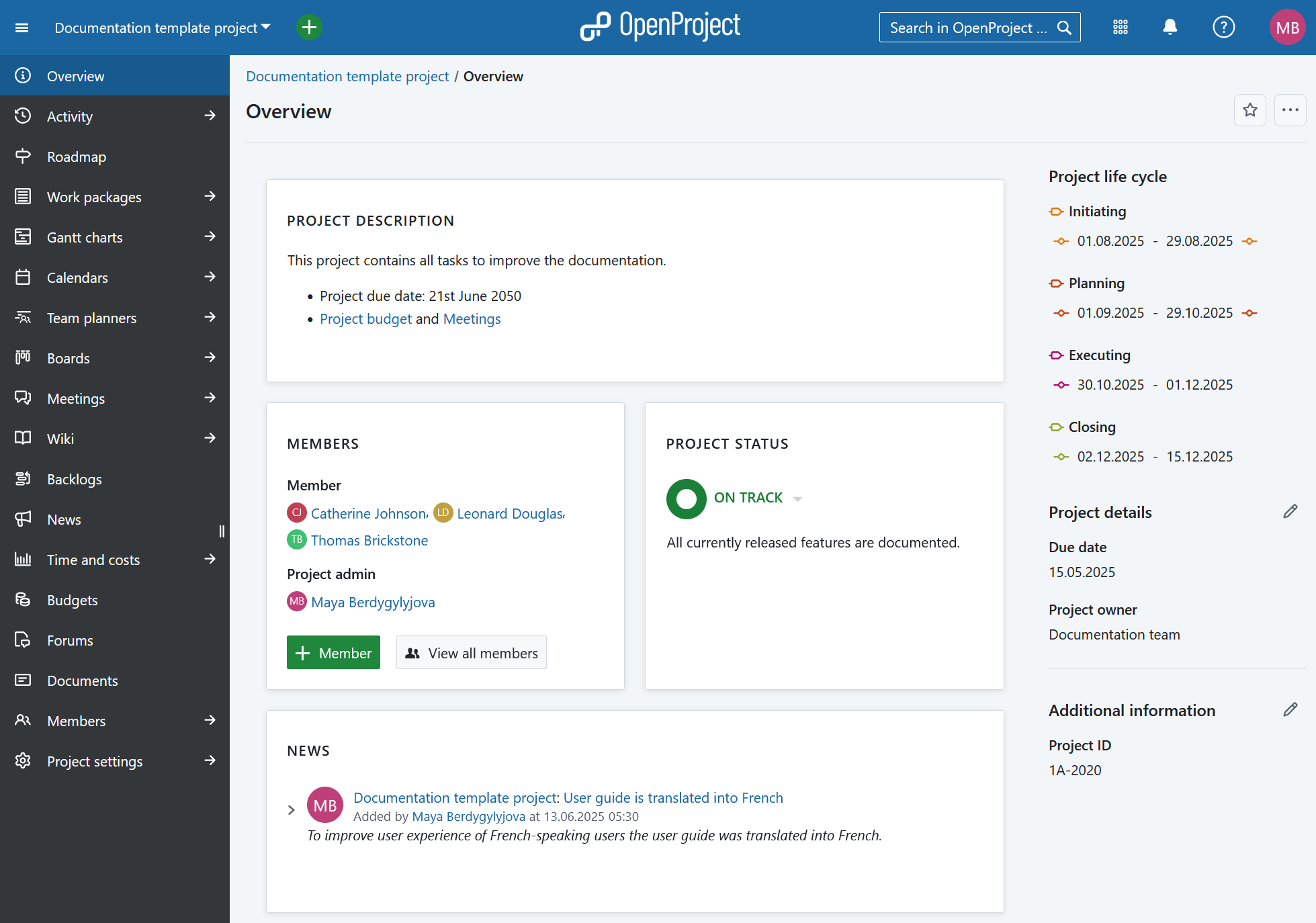 Project overview page for a specific project in OpenProject