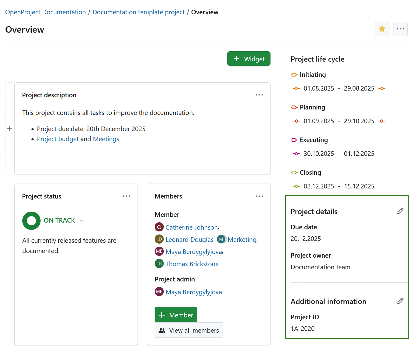 Page de présentation du projet montrant les attributs du projet sur le côté droit