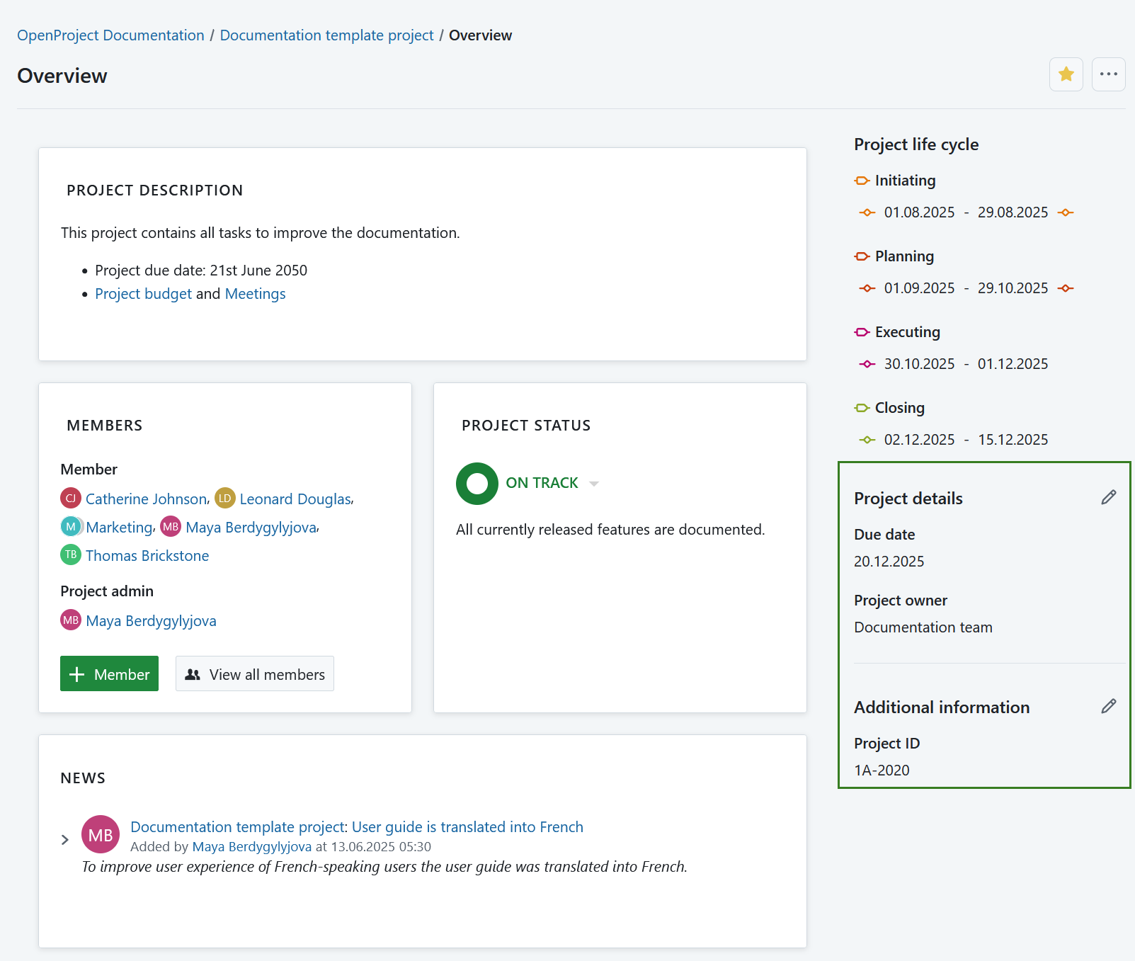 Página de resumen del proyecto que muestra los atributos del proyecto en el lado derecho