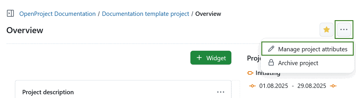 Lien vers les paramètres des attributs du projet depuis la page de présentation du projet dans OpenProject