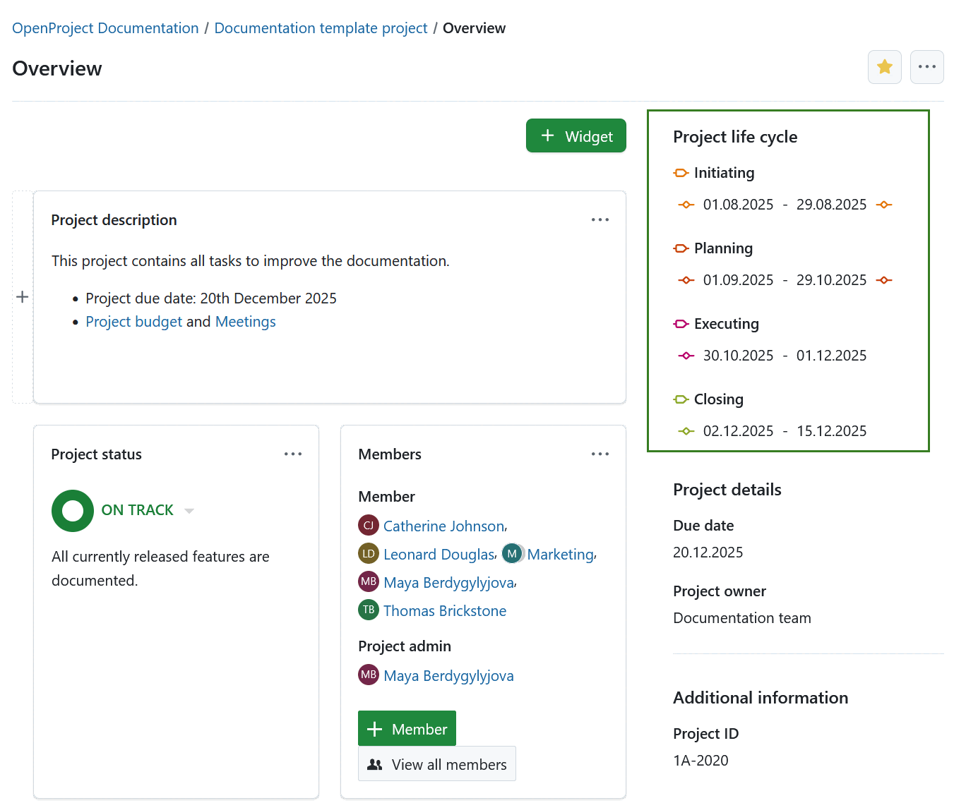Projekt-Lebenszyklusphasen auf einer Projektübersichtsseite in OpenProject