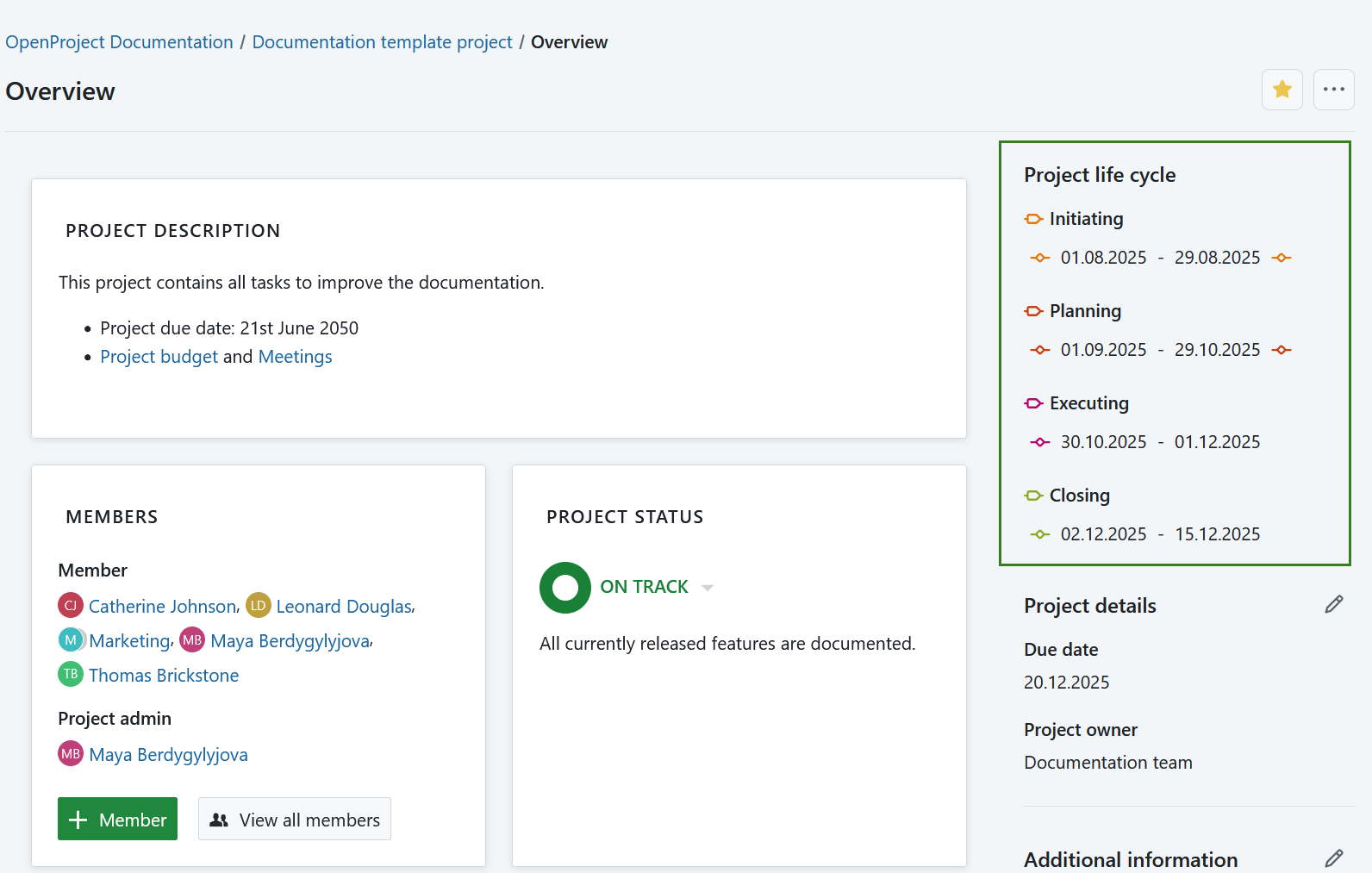Project life cycle phases displayed on a project overview page in OpenProject
