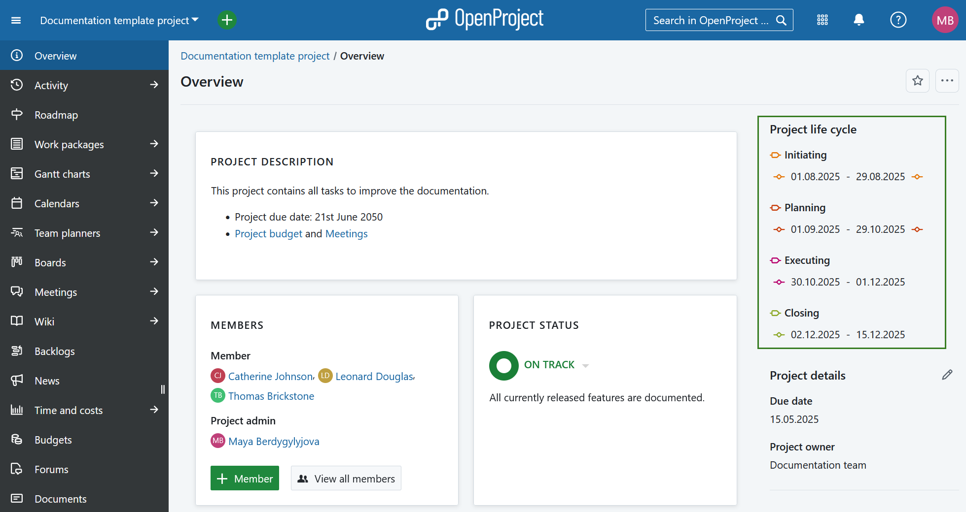 Project life cycle phases displayed on a project overview page in OpenProject