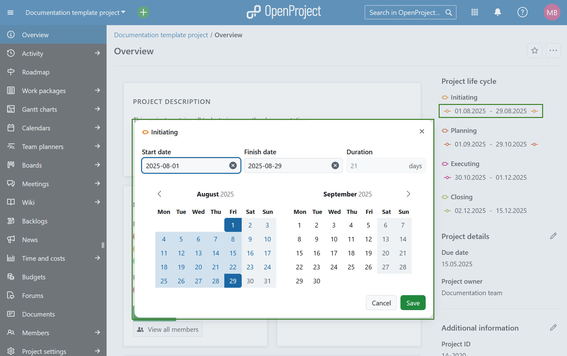 Edit date range for project phase on a project overview page in OpenProject