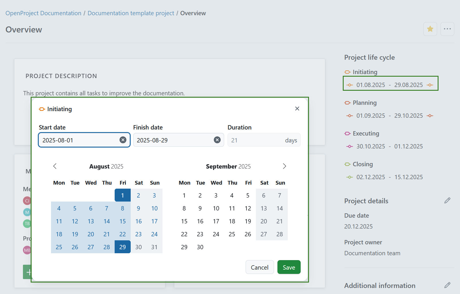 Edit date range for project phase on a project overview page in OpenProject