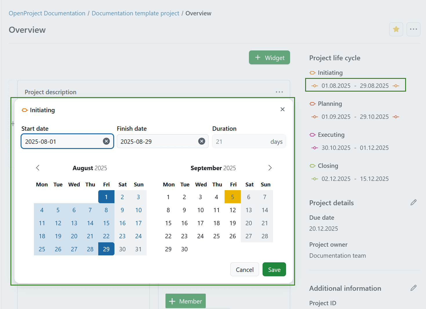 Modifier la plage de dates pour la phase du projet sur une page d’aperçu du projet dans OpenProject