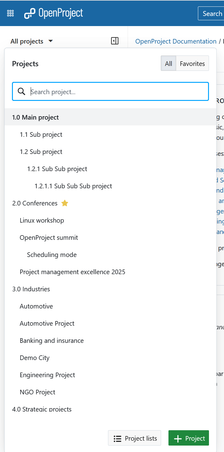 Example of a project hierarchy shown in “Projects” dropdown menu in OpenProject