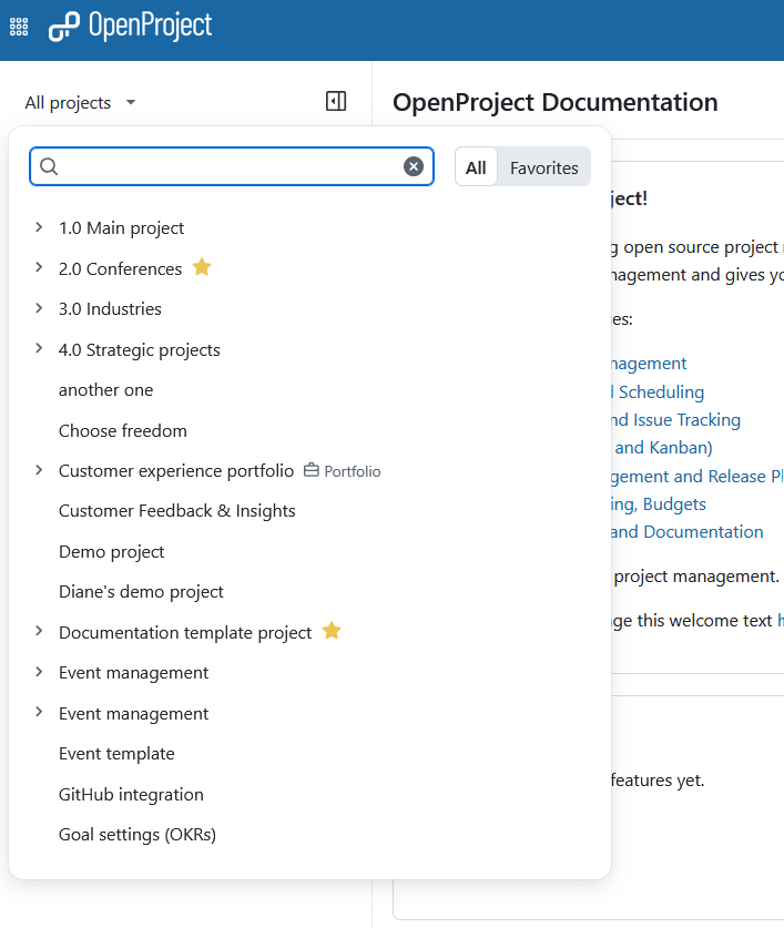 Beispiel einer Projekthierarchie, die im Dropdown-Menü “Projekte” in OpenProject