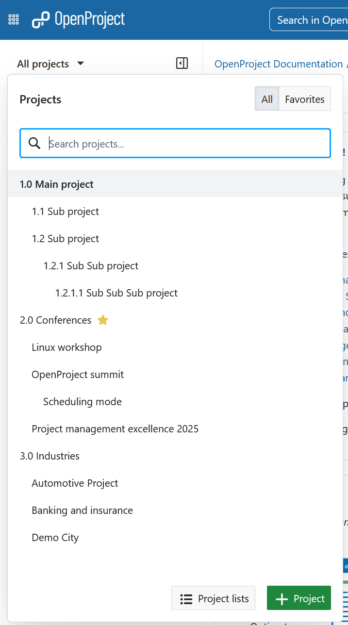 Beispiel einer Projekthierarchie, die im Dropdown-Menü “Projekte” in OpenProject