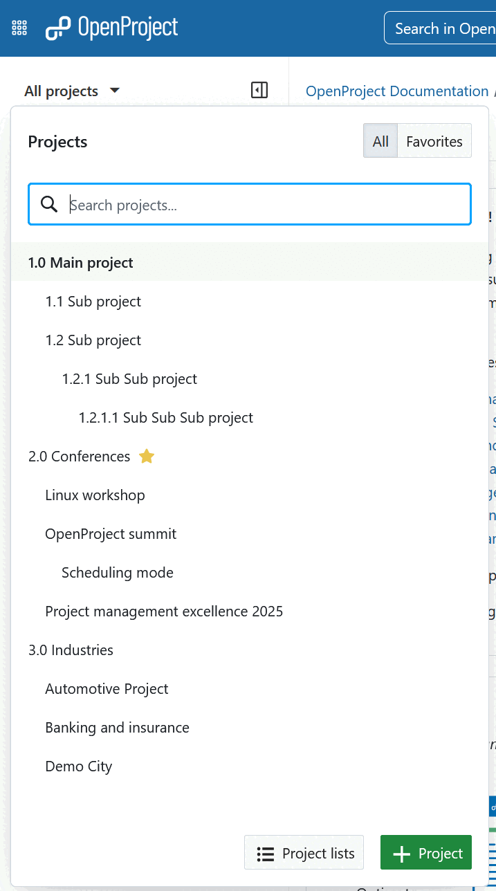 Example of a project hierarchy shown in “Projects” dropdown menu in OpenProject