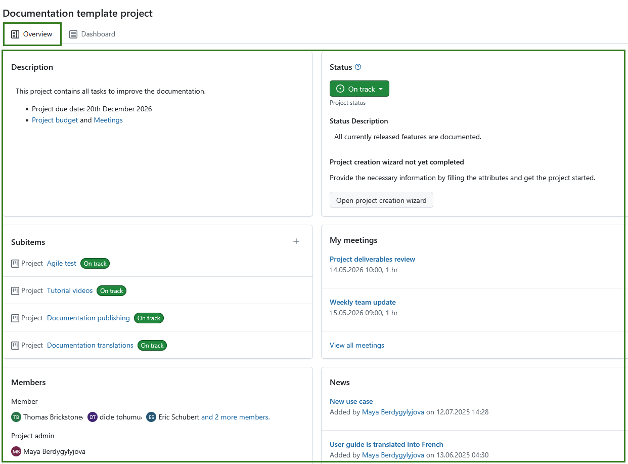 Pre-set project widgets on the overview tab of the project home page