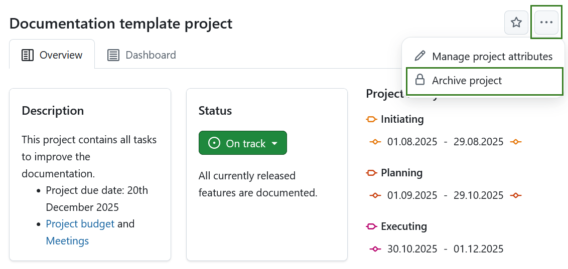 Archive a project on the project overview page in OpenProject