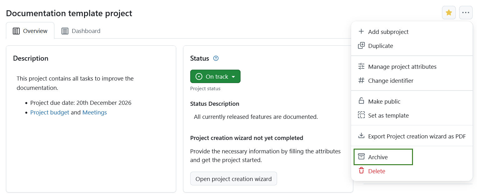 Archive a project on the project overview page in OpenProject