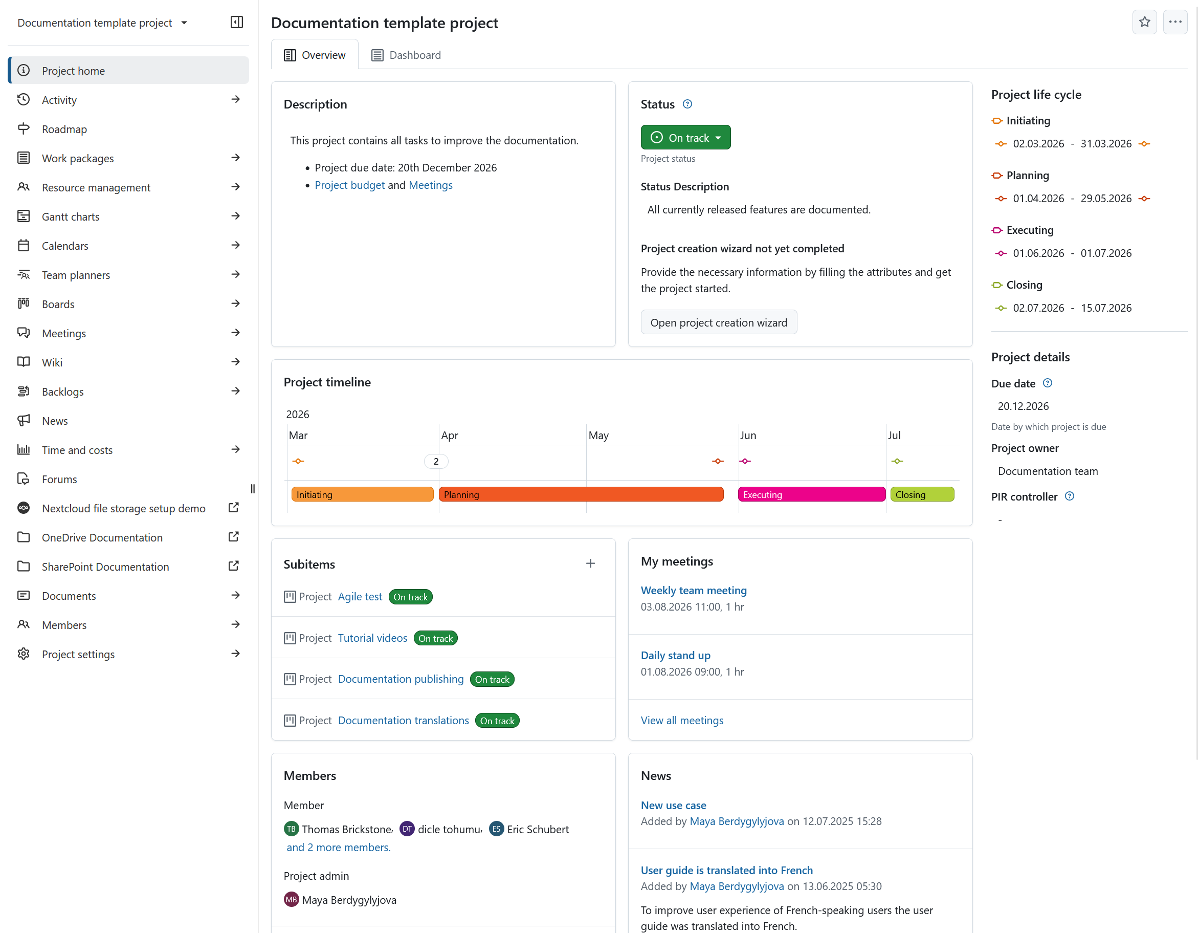 Project overview page for a specific project in OpenProject