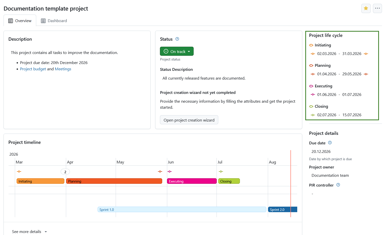 Project life cycle phases displayed on a project home page in OpenProject